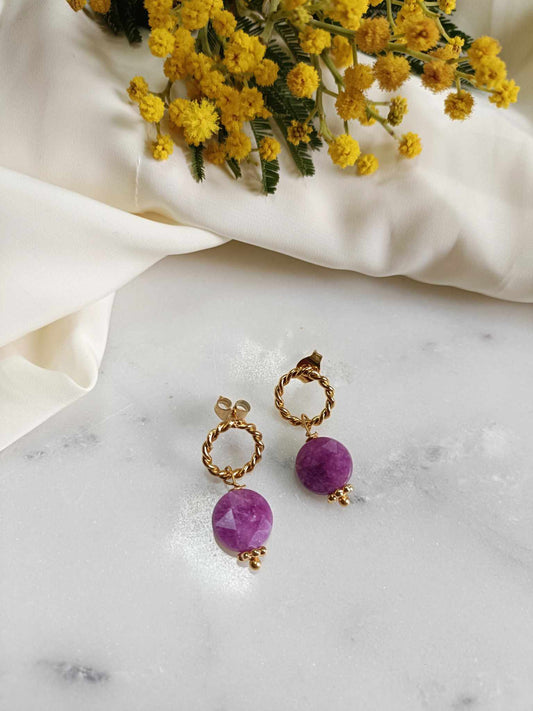 Boucles d'oreilles en acier inoxydable et fluorite - Artie violette